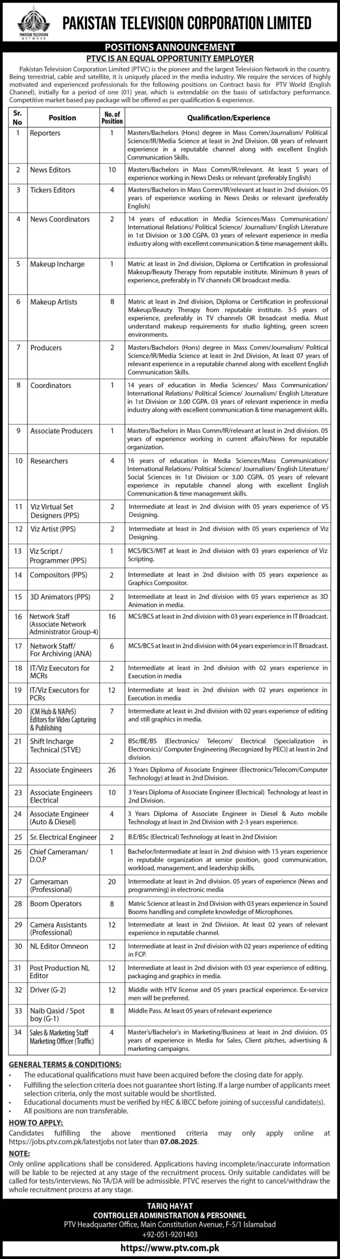 Pakistan Television Corporation Limited Jobs 2025