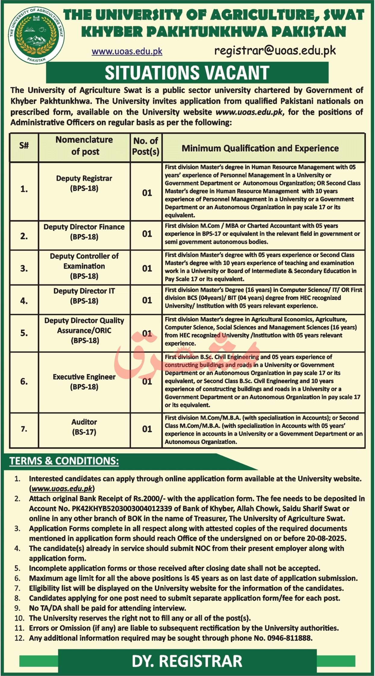 The University of Agriculture Swat Jobs 2025