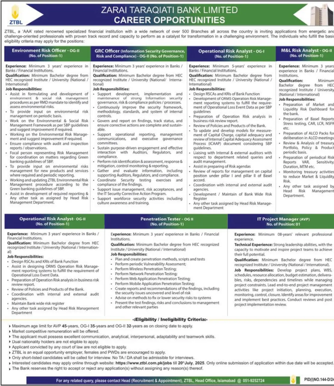 Zarai Taraqiati Bank Limited ZTBL Jobs 2025