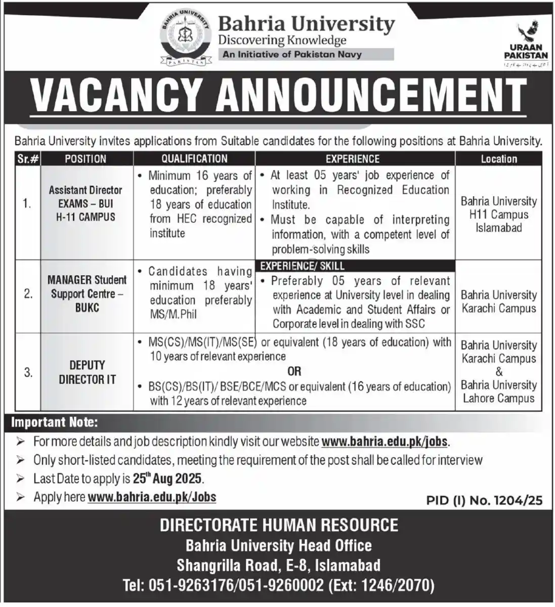 Bahria University Islamabad Jobs 2025
