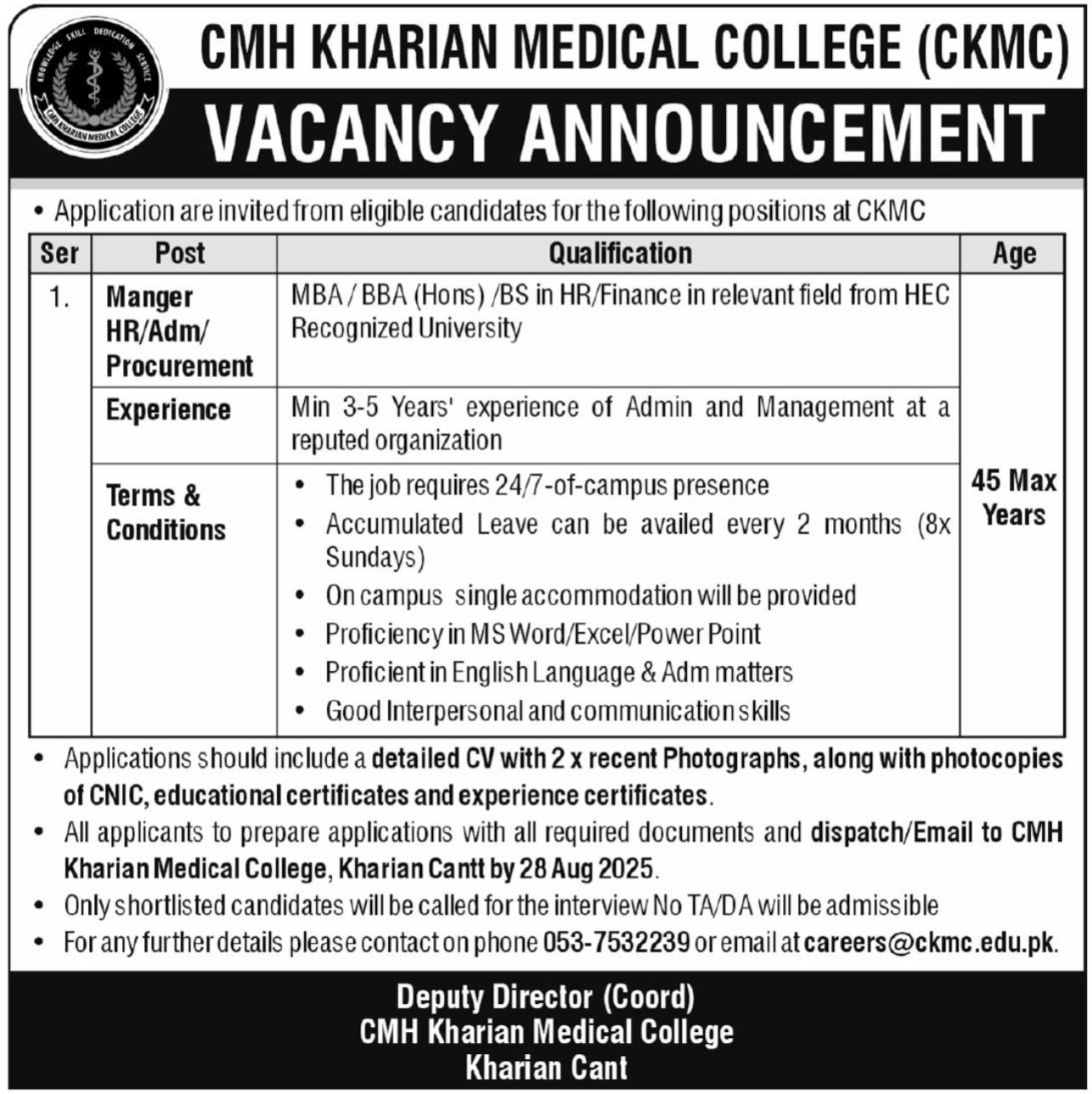 CMH Kharian Medical College CKMC Jobs 2025