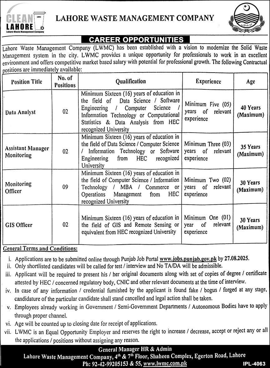 Lahore Waste Management Company LWMC Jobs 2025