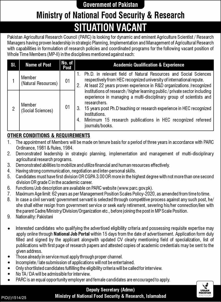 Ministry of National Food Security & Research Jobs 2025
