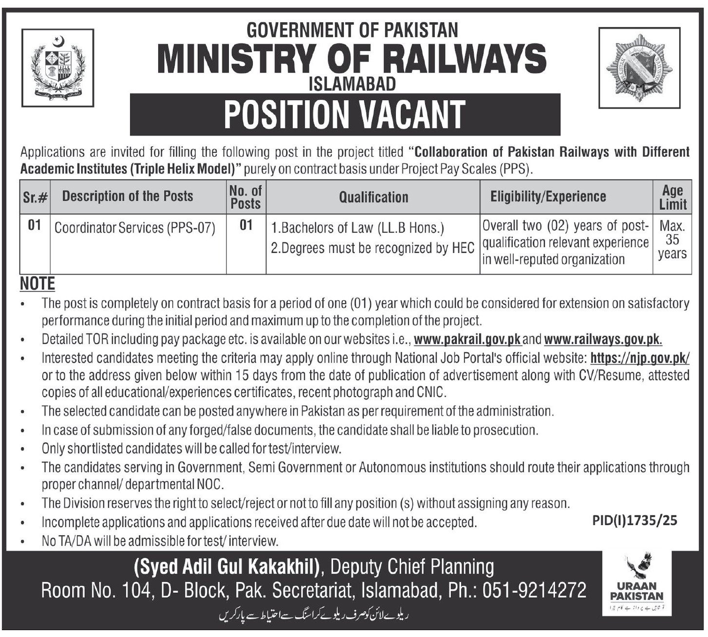Ministry of Railways Islamabad Jobs 2025
