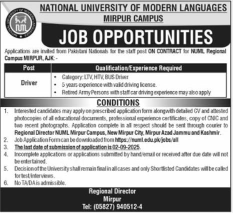 NUML Mirpur Campus Jobs 2025