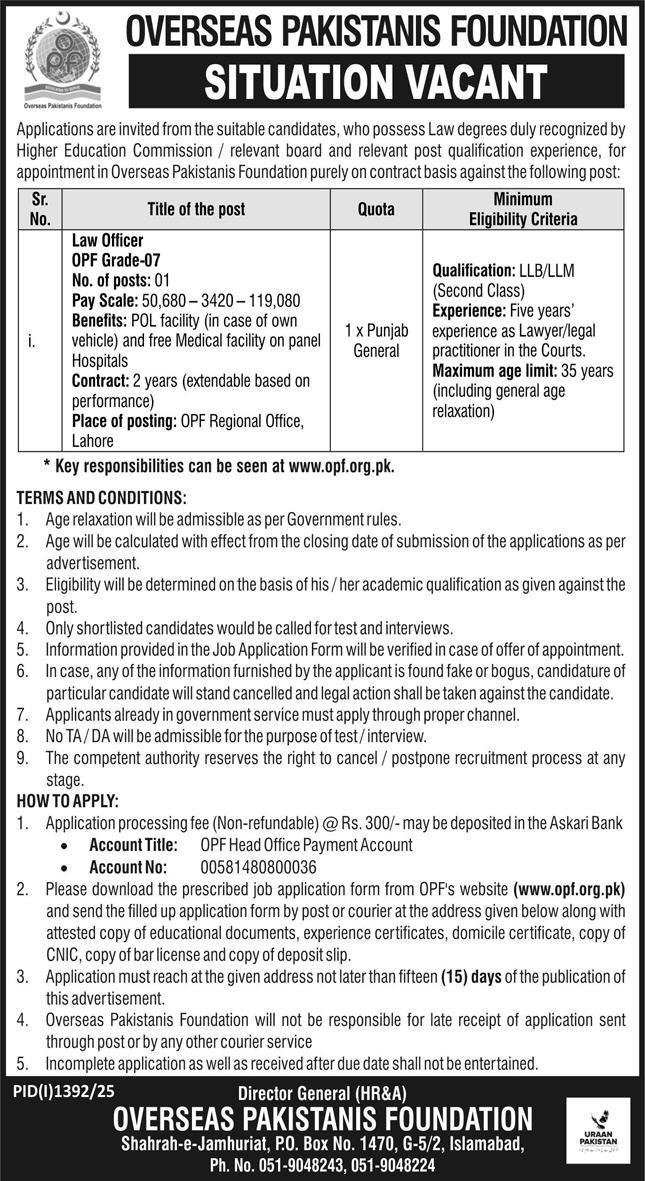Overseas Pakistanis Foundation OPF Jobs 2025