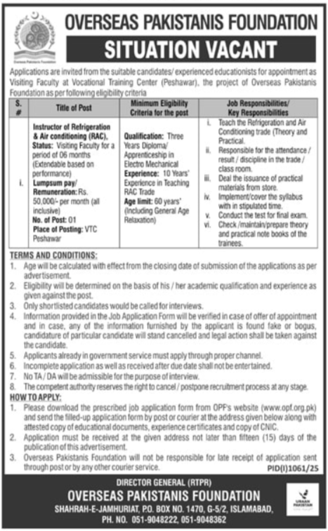 Overseas Pakistanis Foundation OPF Jobs 2025