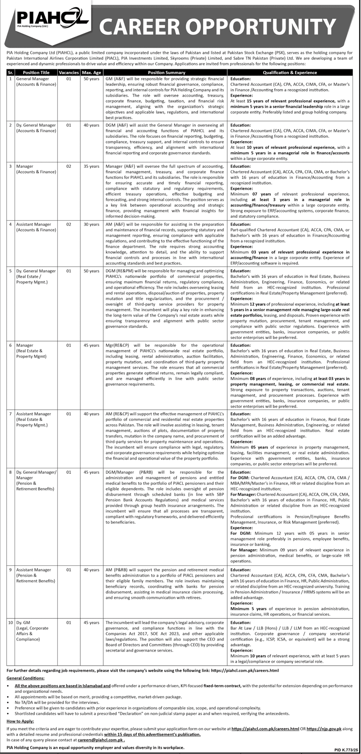 PIA Holding Company Limited Jobs 2025 