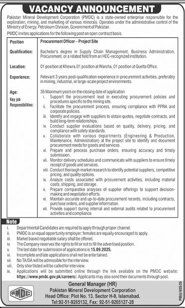 Pakistan Mineral Development Corporation PMDC Jobs 2025