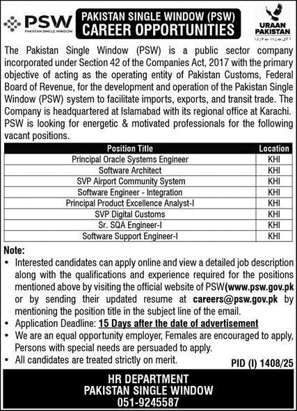 Pakistan Single Window Jobs 2025