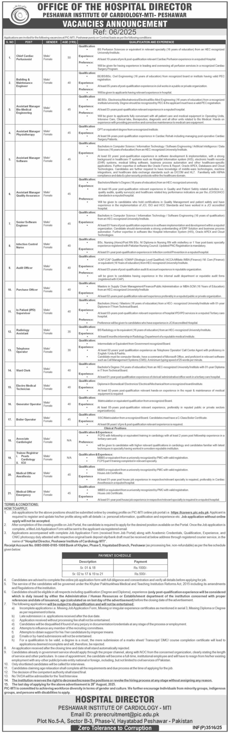 Peshawar Institute of Cardiology PIC Peshawar Jobs 2025