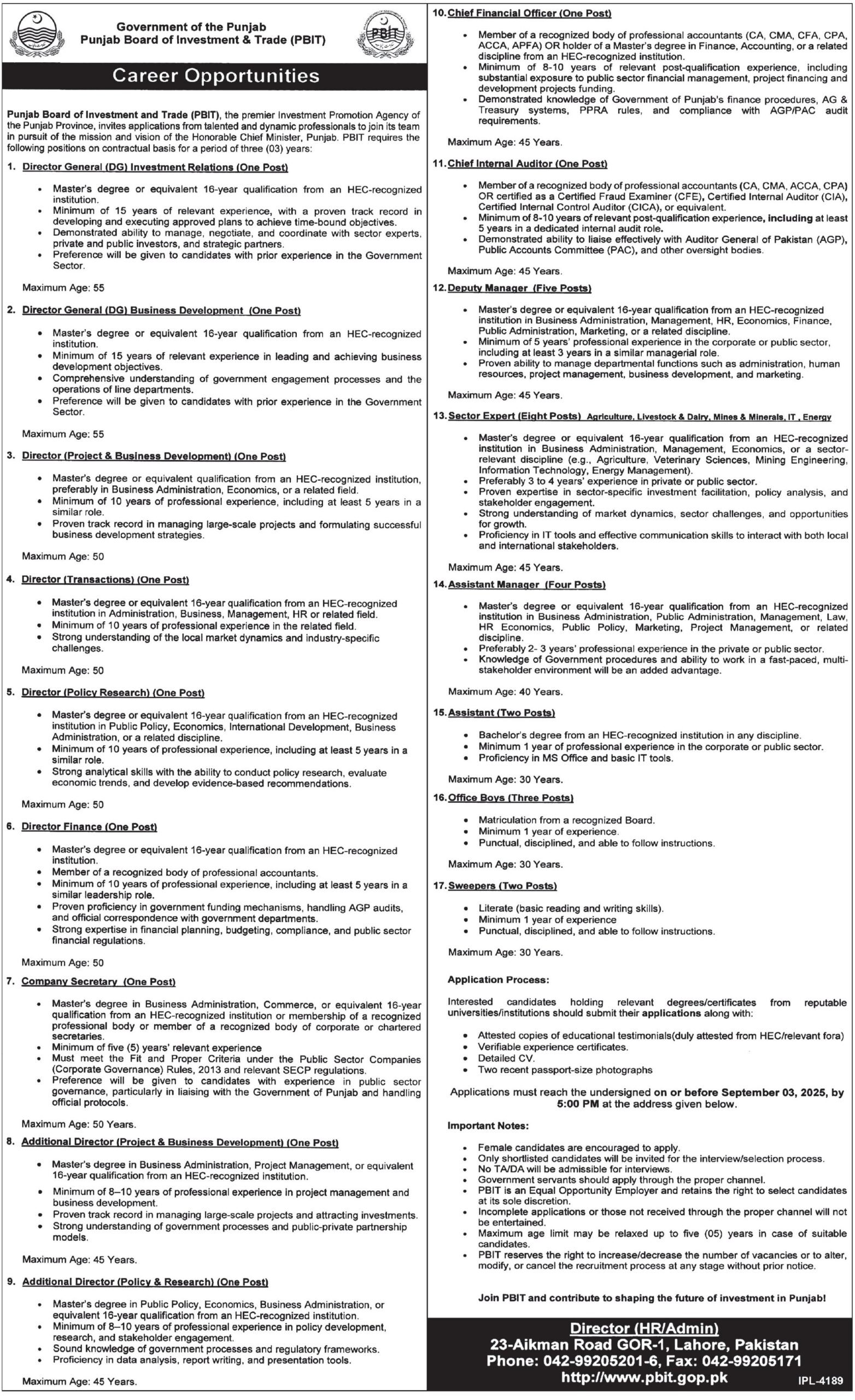 Punjab Board Of Investment & Trade PBIT Jobs 2025