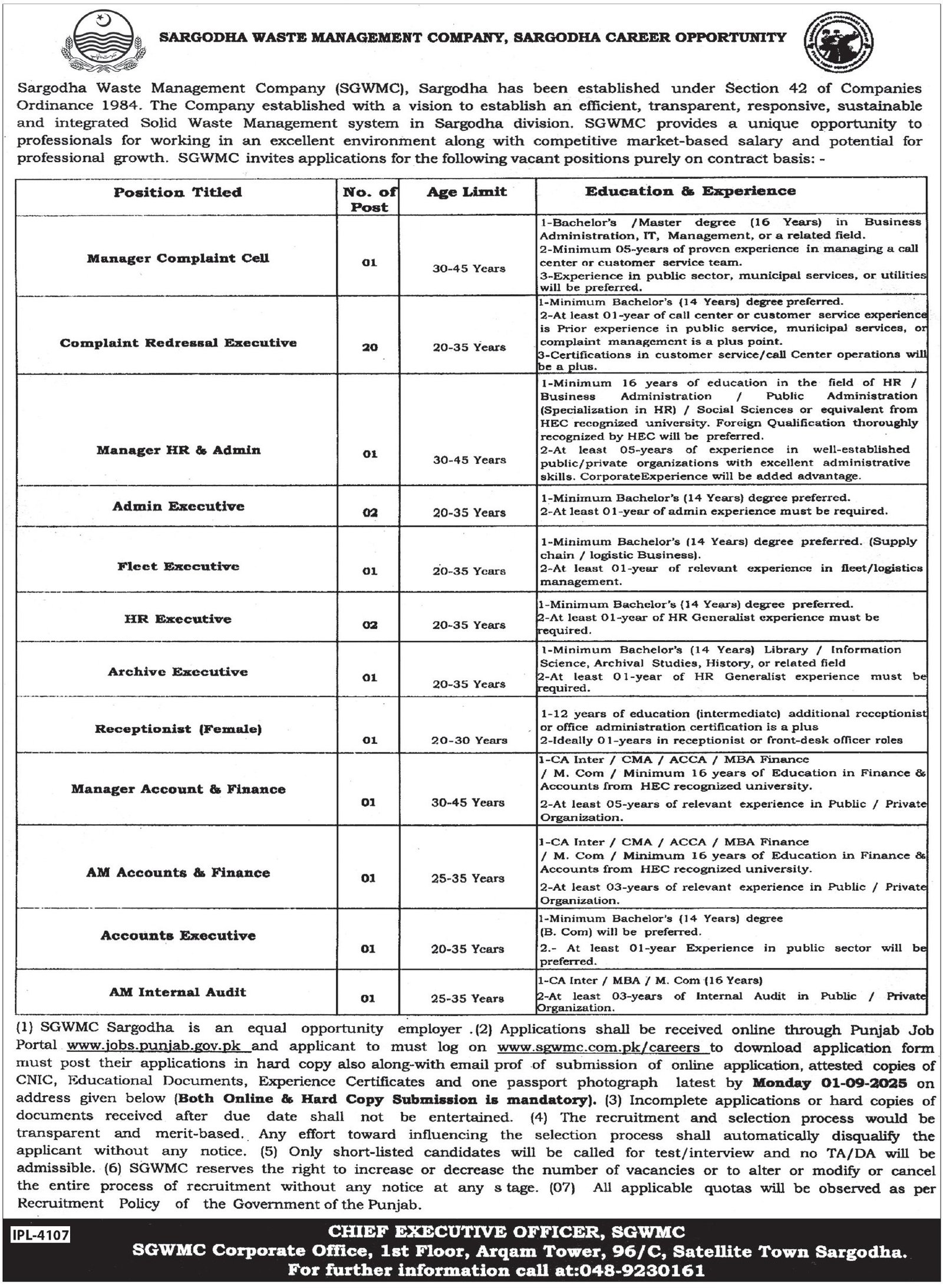 Sargodha Waste Management Company SGWMC Jobs 2025