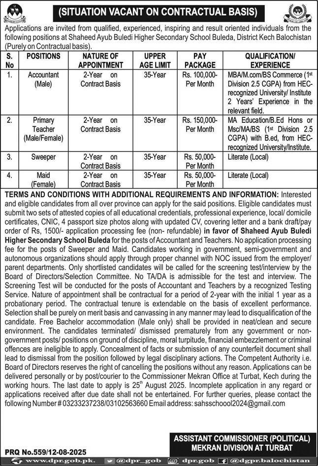 Shaheed Ayub Buledi Higher Secondary School Buleda Jobs 2025