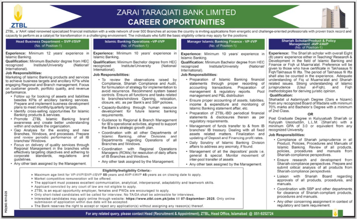 Zarai Taraqiati Bank Limited ZTBL Jobs 2025