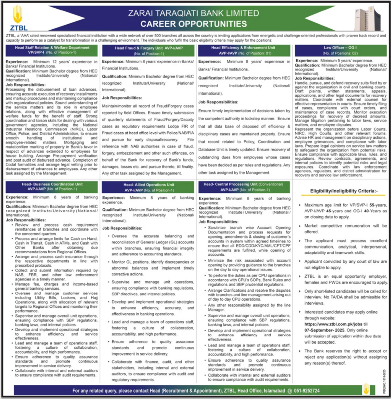 Zarai Taraqiati Bank Limited ZTBL Jobs 2025