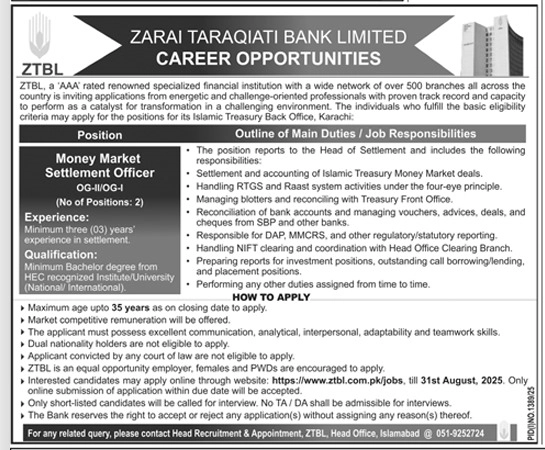Zarai Taraqiati Bank Limited ZTBL Jobs 2025