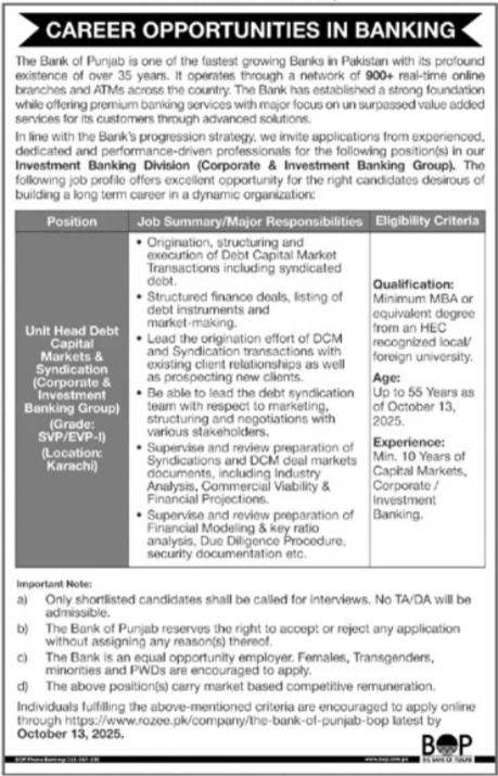 Bank of Punjab BOK Jobs 2025
