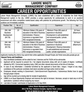Lahore Waste Management Company LWMC Jobs 2025