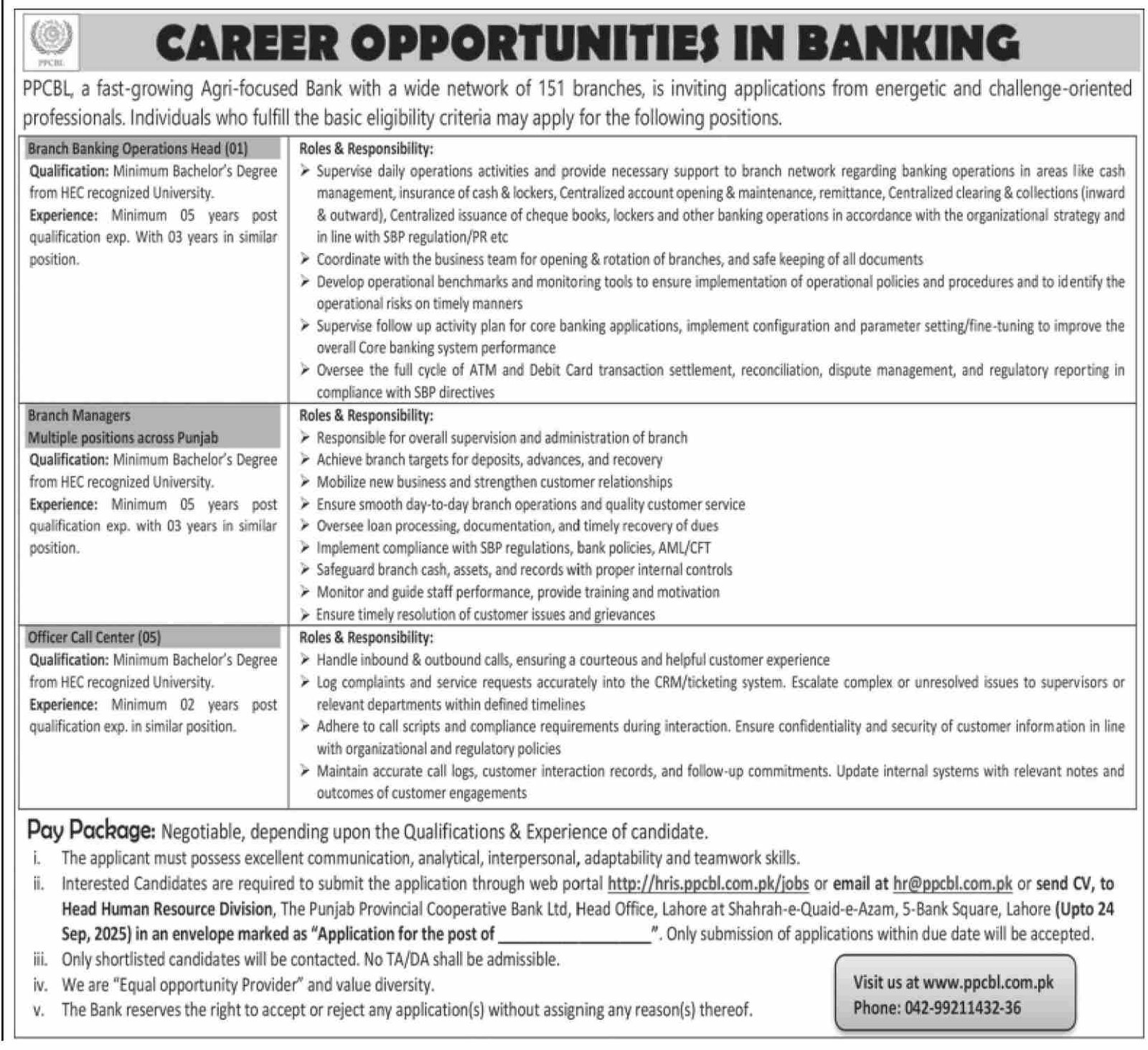 Punjab Provincial Cooperative Bank Limited PPCBL Jobs 2025