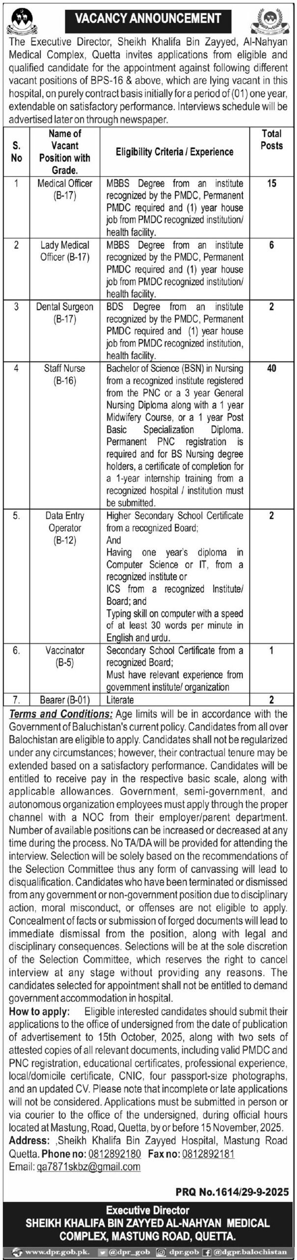 Sheikh Khalifa Bin Zayyed Al-Nahyan Medical Complex Quetta Jobs 2025
