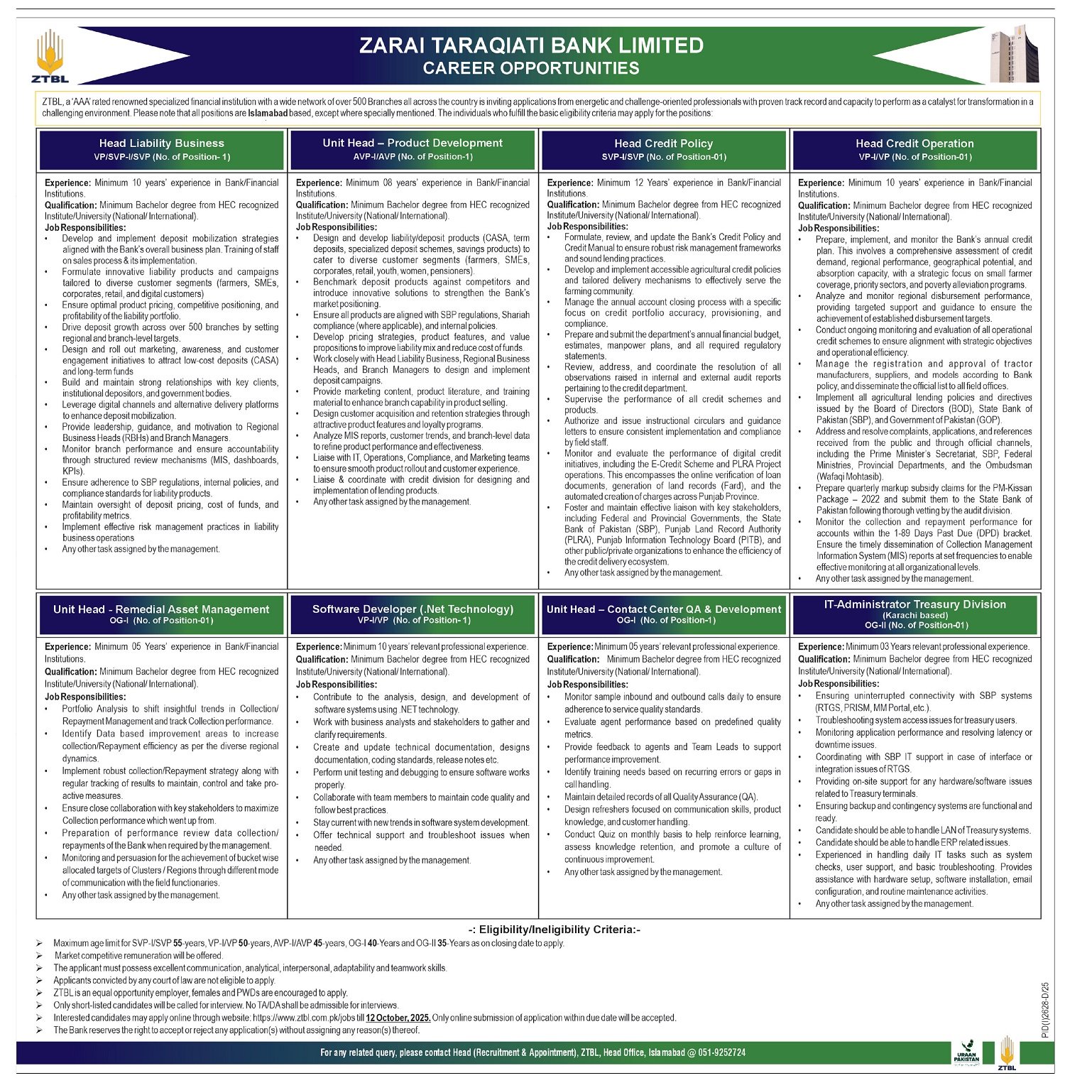 Zarai Taraqiati Bank Limited ZTBL Jobs 2025