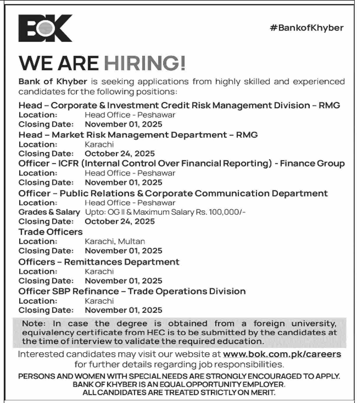 Bank of Khyber BOK Jobs 2025