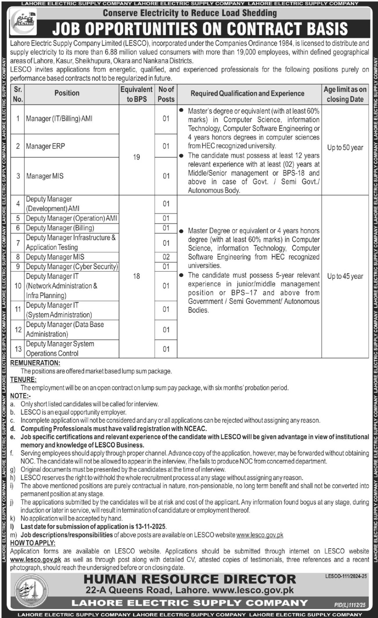 Lahore Electric Supply Company LESCO Jobs 2025