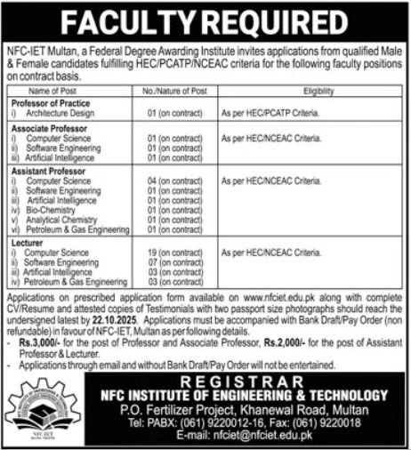 NFC Institute of Engineering & Technology Multan Jobs 2025