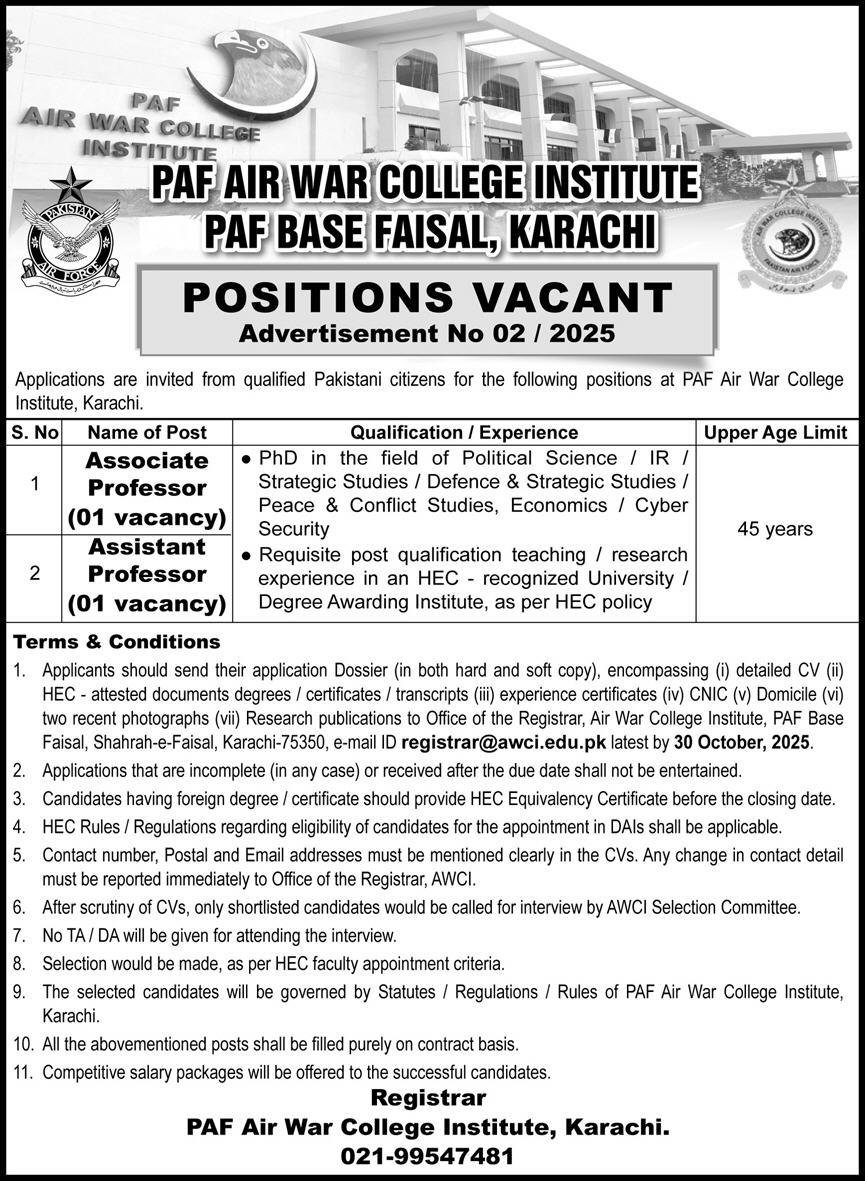 PAF Air War College Institute Jobs 2025