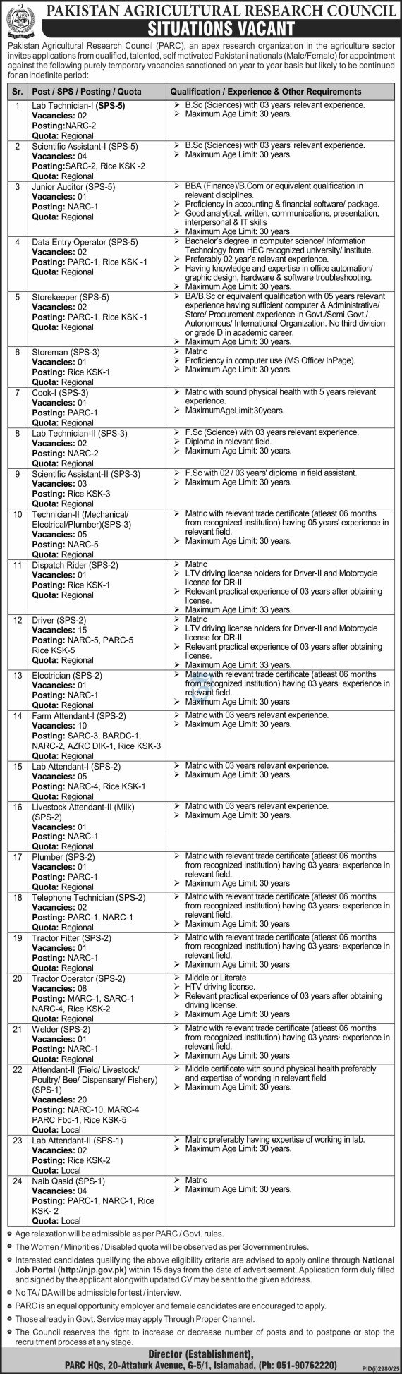 Pakistan Agricultural Research Council PARC Jobs 2025