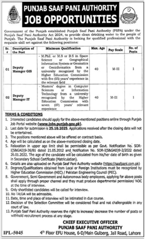 Punjab Saaf Pani Authority Jobs 2025