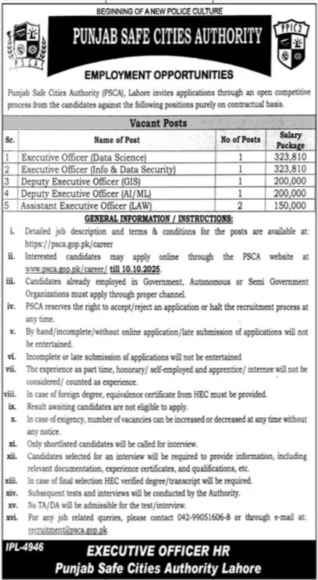 Punjab Safe Cities Authority PSCA Jobs 2025