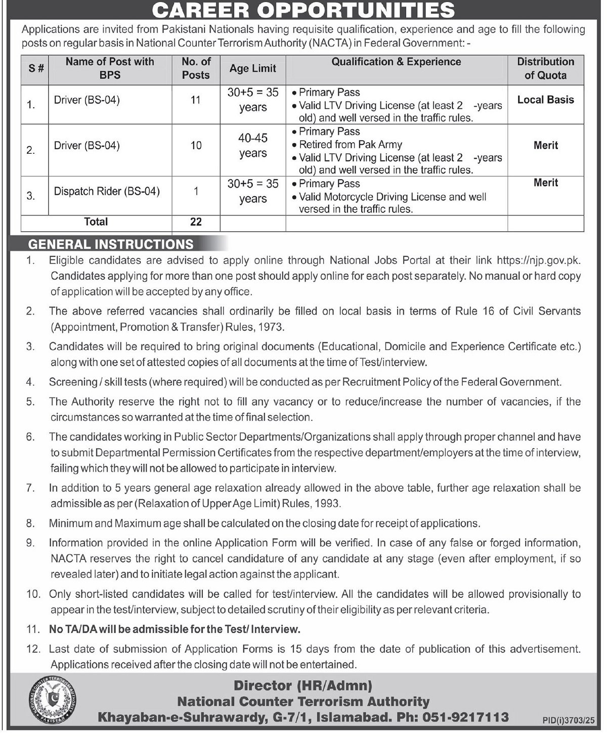 National Counter Terrorism Authority NACTA Jobs 2025